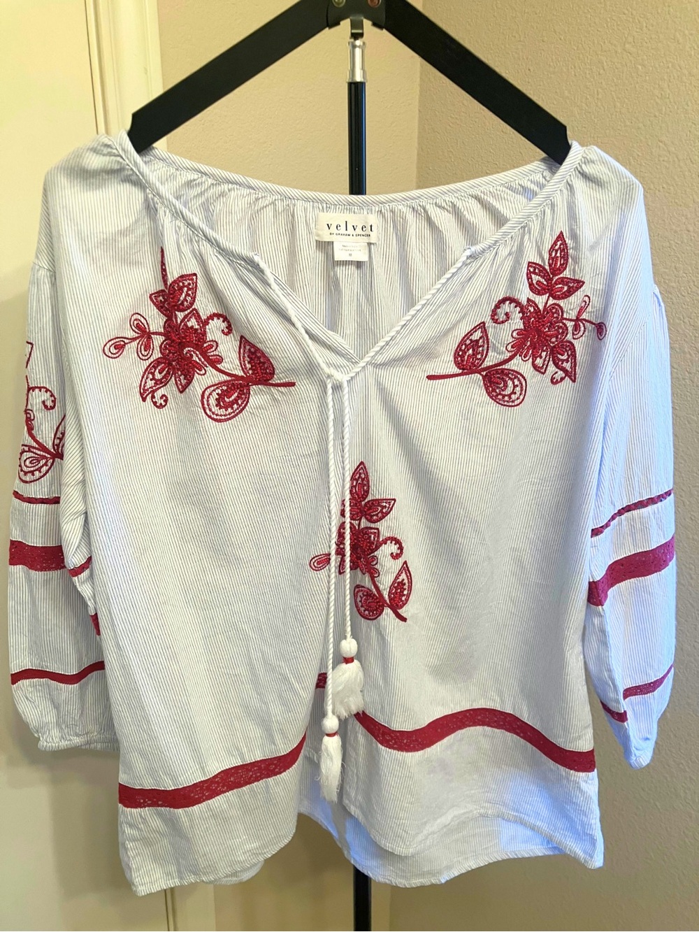 Velvet by Graham & Spencer Tagan Embroidered Striped Peasant Blouse - Medium